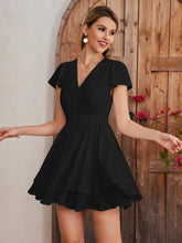 Fly Sleeve Ruched Waist Pleated Mini Dress